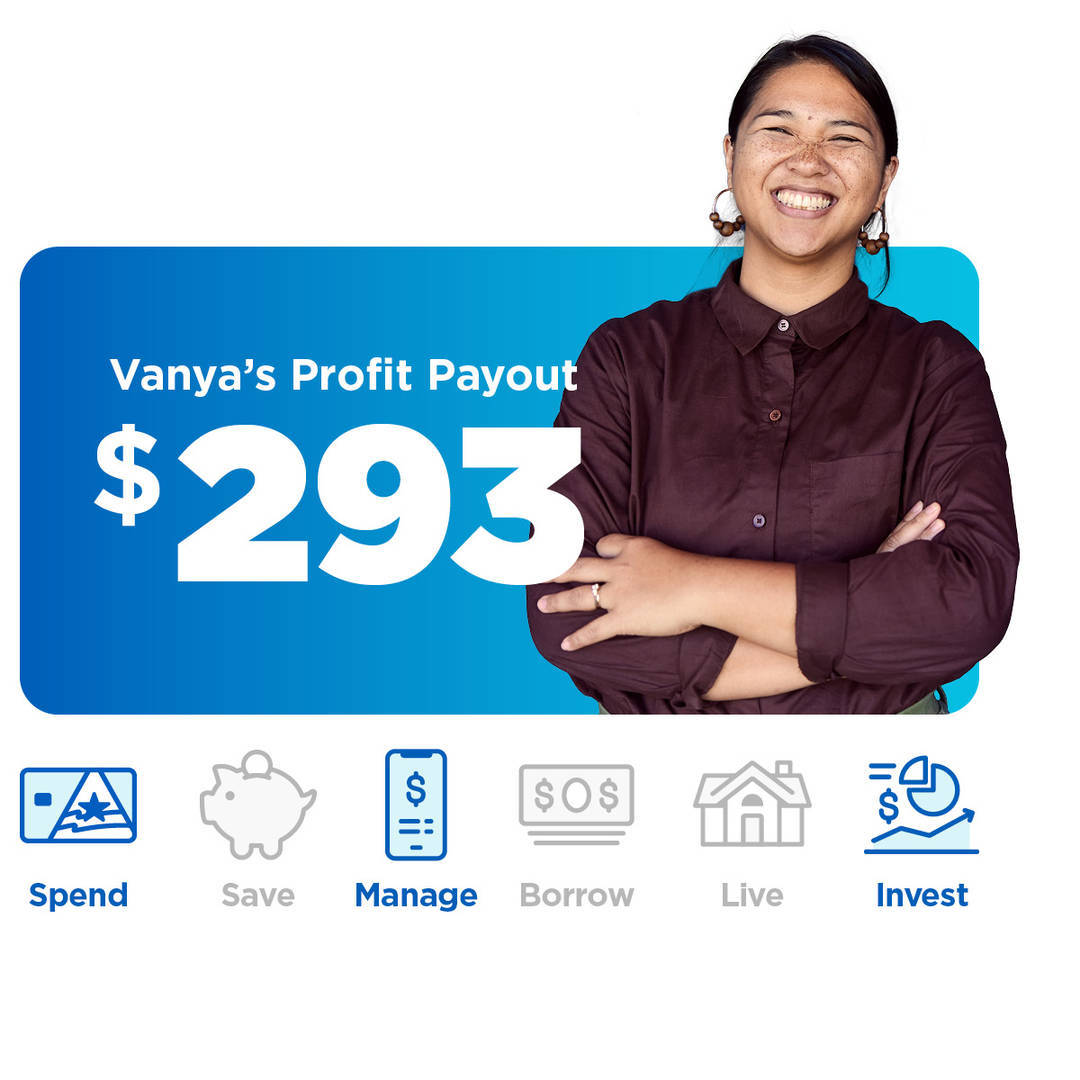 Woman in maroon shirt smiling after receiving $293 in Profit Payout